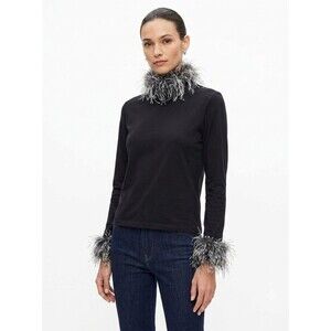 Vintage 90s Black Turtleneck Fringe Top Womens One Size Made in USA Artsy